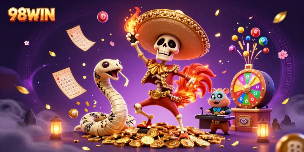 Engaging 98WIN illustration showcasing a vibrant casino scene with festive characters and dynamic game elements.