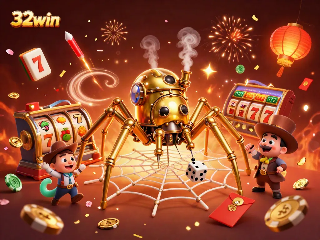 Experience the thrill of winning at 32win with a dynamic steampunk casino illustration combining golden spider web elements and exciting games.