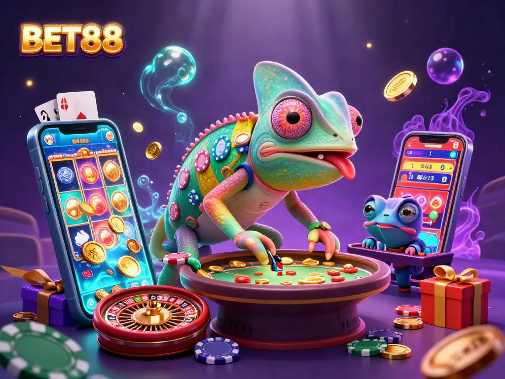 BET88 thưởng thức các trò chơi slot sống động với chameleon chủ casino đầy màu sắc.
