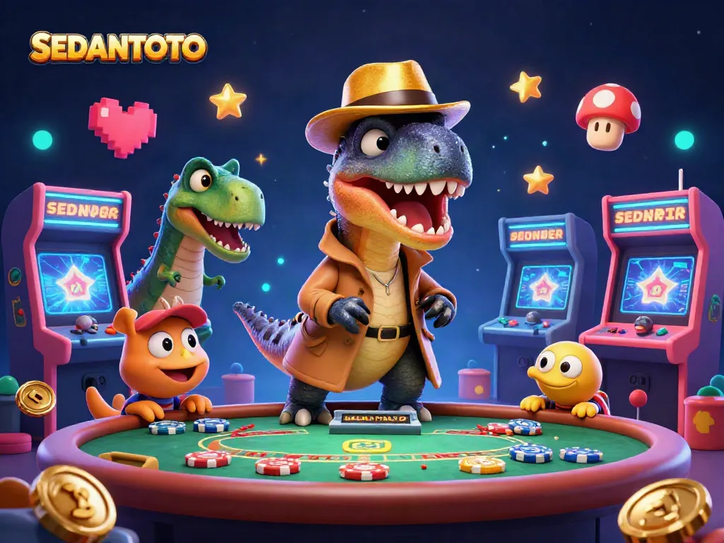 Experience SEDANTOTO's thrilling gameplay with a cartoon velociraptor, poker chips, and vibrant casino elements.