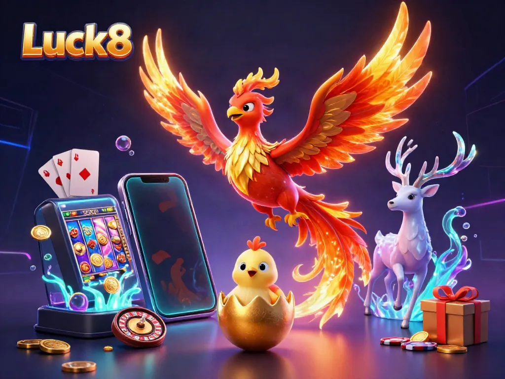 Engage with the vibrant world of Luck8, featuring a dynamic phoenix and gaming elements