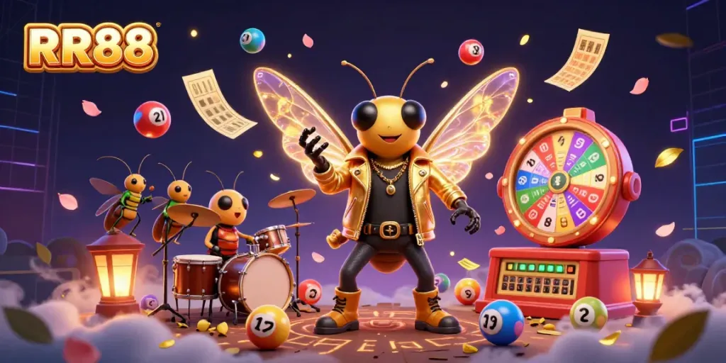 RR88 presents a vibrant casino scene with dynamic characters including a rock star cicada amidst bingo and lottery elements.