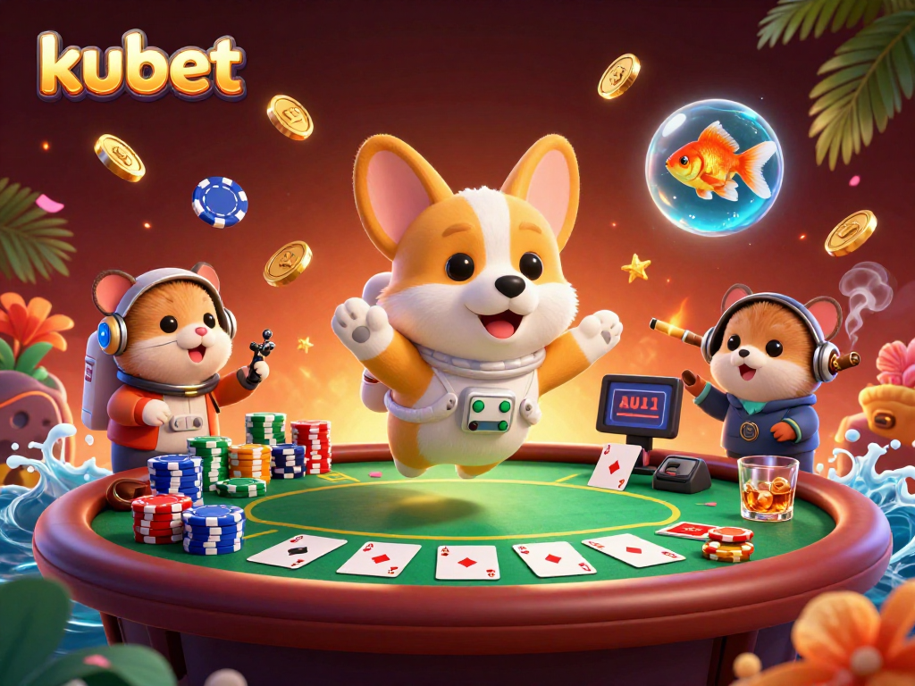 kubet poker scene with astronaut corgi and mission control characters in a space station casino