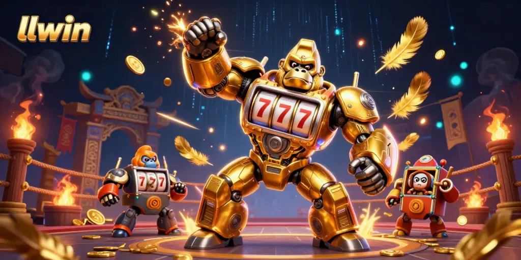 Experience dynamic gaming action with llwin's golden gorilla mech amidst vibrant casino elements.