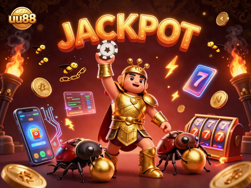 uu88 celebrates a big win with a golden poker chip, immersive casino atmosphere