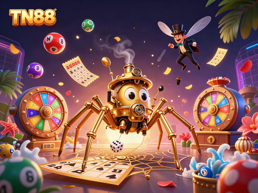 Engage with TN88's thrilling casino scene featuring a golden spider and colorful lottery elements.