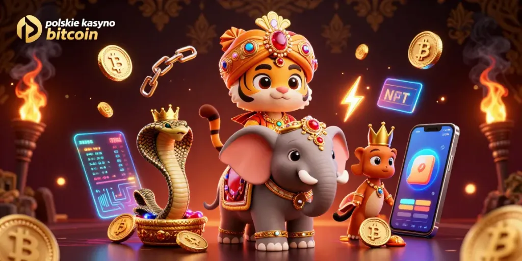Experience thrilling gaming at polskie kasyno bitcoin with an energetic scene featuring lively 3D characters and glowing crypto elements.