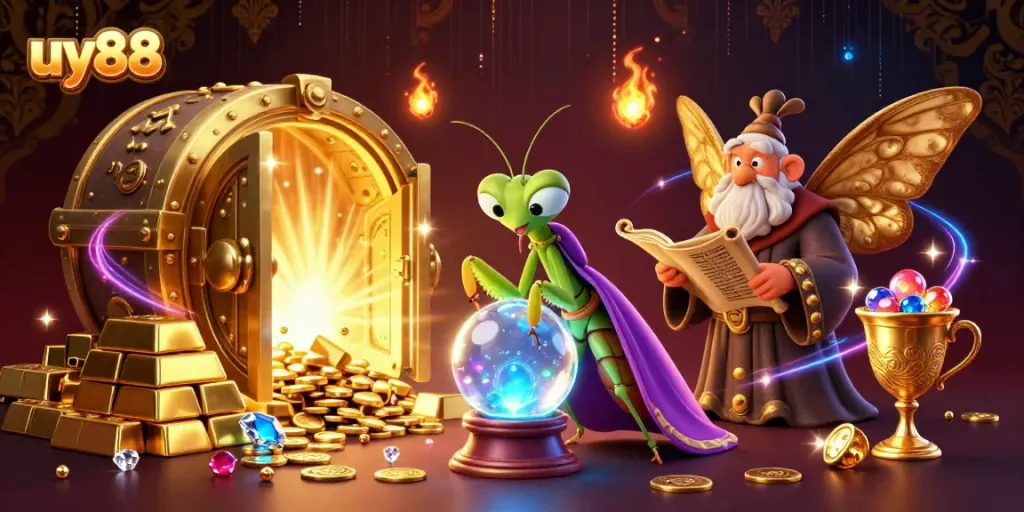 Experience the riches of uy88 with fortune tellers and treasures in a vibrant casino scene.