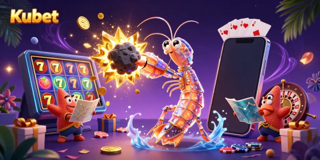 Kubet showcases a vibrant 3D scene featuring a stylish mantis shrimp and starfish amidst a colorful slot game explosion, highlighting excitement in gambling.