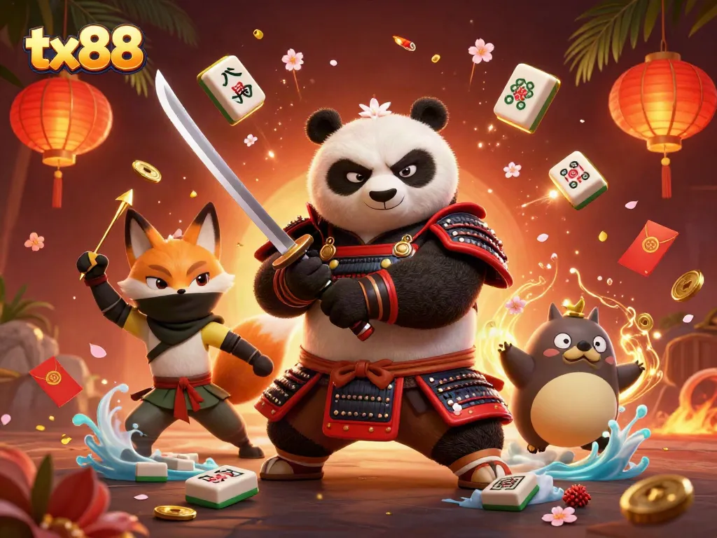 Engage with tx88 as a fierce samurai panda and ninja fox capture excitement in a vibrant casino world.