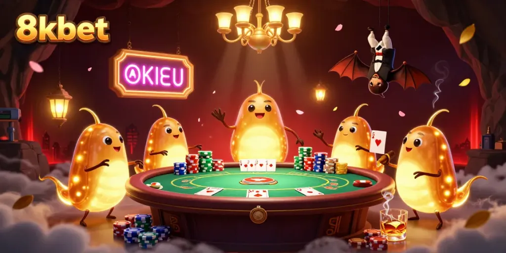Experience thrilling poker action at 8xbet with glowworms illuminating the excitement in a 3D casino scene.