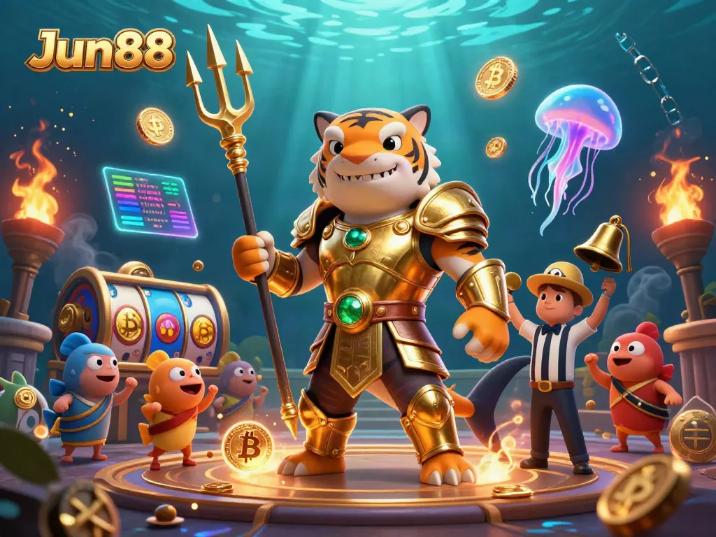 Engage with exciting casino fun at Jun88 with a golden shark gladiator in an animated underwater arena.