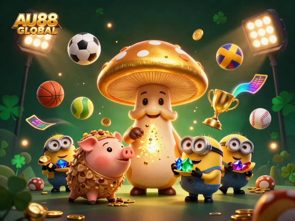 Engage in thrilling gameplay with AU88 GLOBAL's vibrant 3D casino illustration featuring dynamic characters and golden rewards.