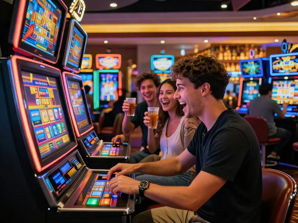 Player engaging with a slot777 machine in a lively casino atmosphere.