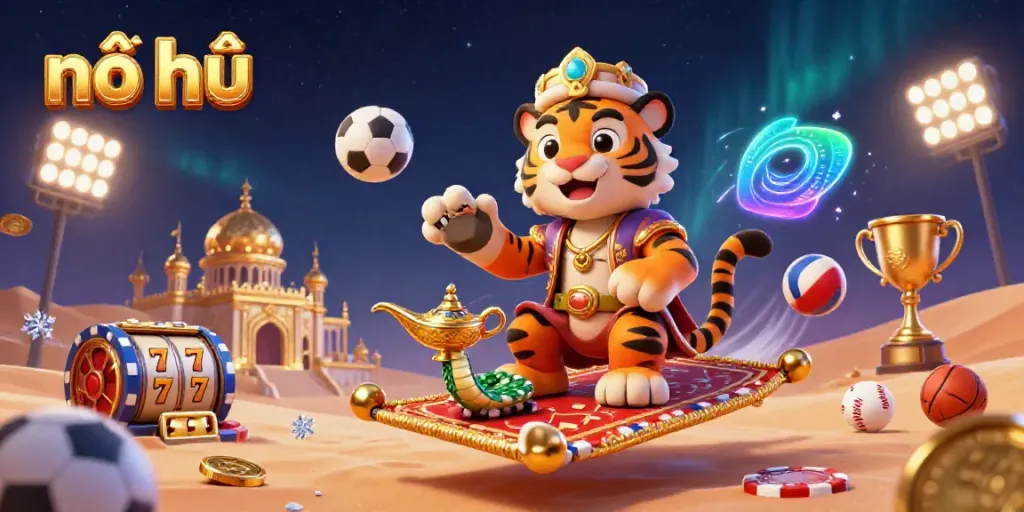 Experience nổ hũ with a vibrant 3D scene featuring a tiger sultan, flying slot reels, and golden treasures.