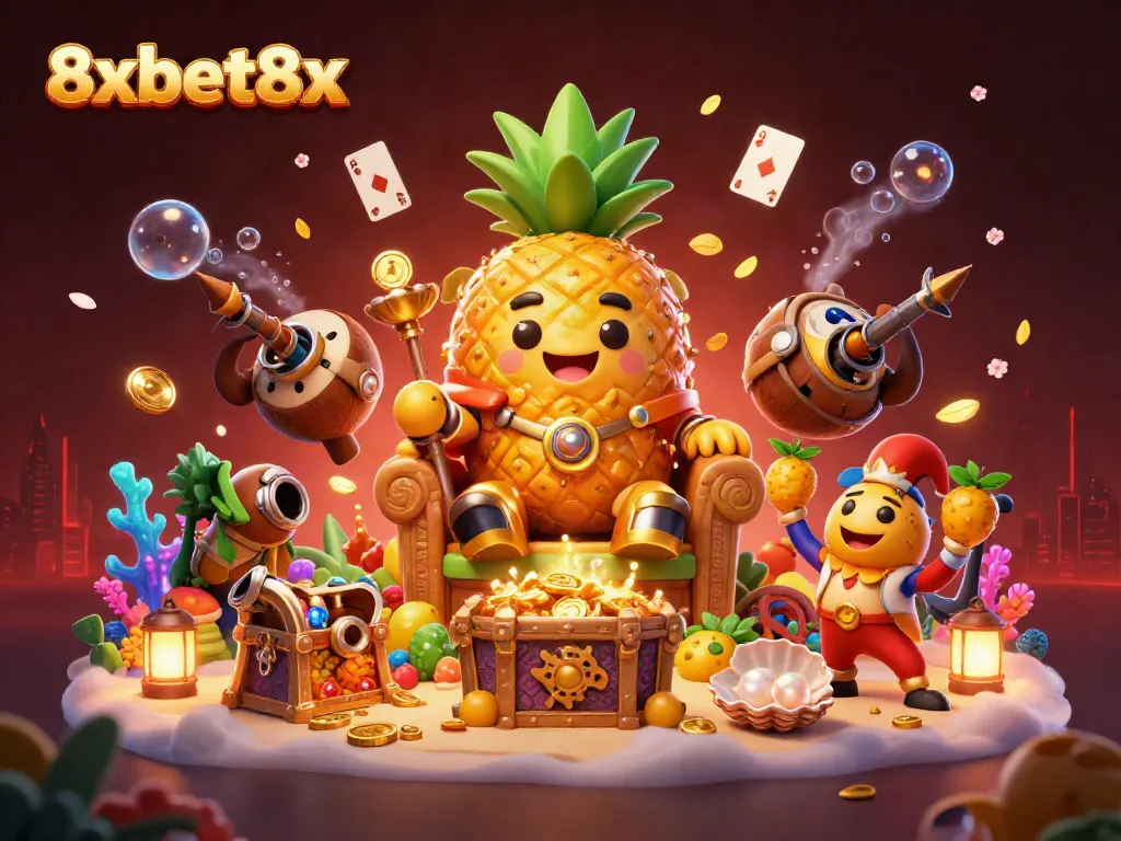 Experience 8xbet8x as you discover a vibrant casino scene with a pineapple king and treasures.