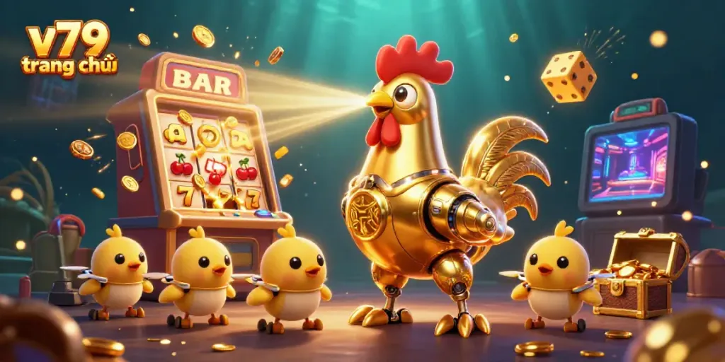 Engage with v79 trang chủ as the golden rooster robot and chick drones celebrate a casino jackpot.