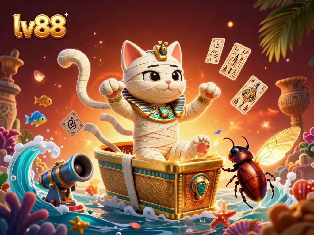 Engage with lv88's thrilling fish shooting game where an Egyptian mummy cat battles underwater creatures for big wins.