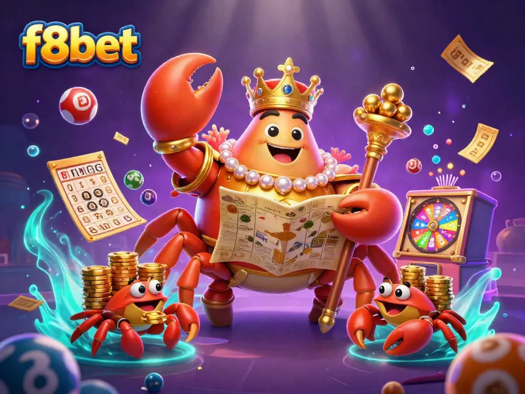 Experience f8bet's lively cartoon illustration of a crab emperor amidst colorful lottery elements.