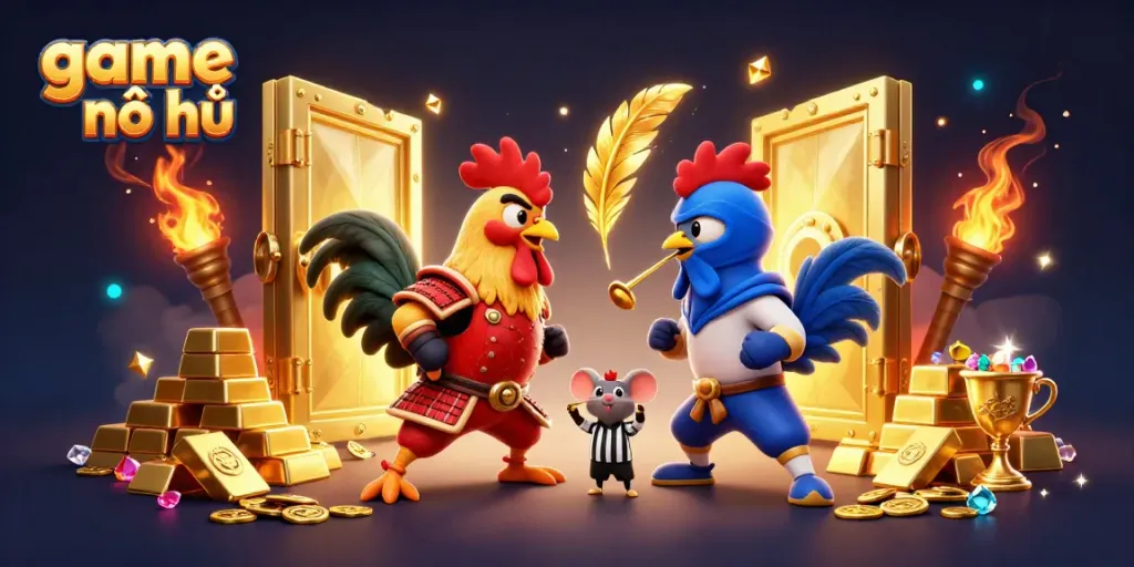 Experience thrilling game nổ hũ action as cartoon roosters compete amidst gold treasures and illuminated glory.