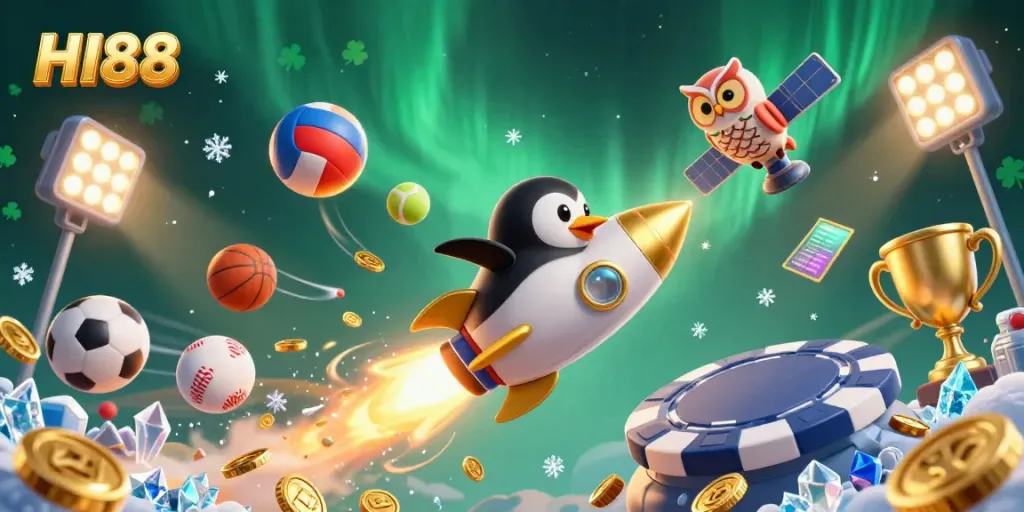 Engage in thrilling action with HI88, featuring a golden penguin blasting towards a casino ship surrounded by sports elements and golden coins.