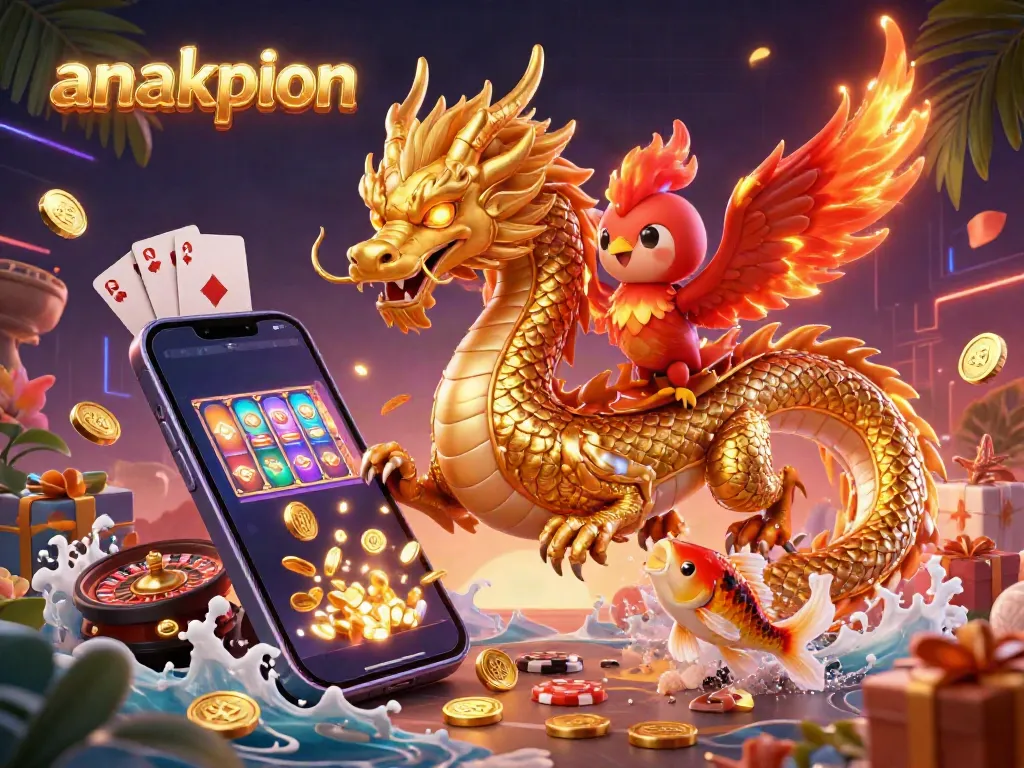 Experience thrilling gaming action with anakpion as a dragon and phoenix illuminate the scene surrounded by slot games!