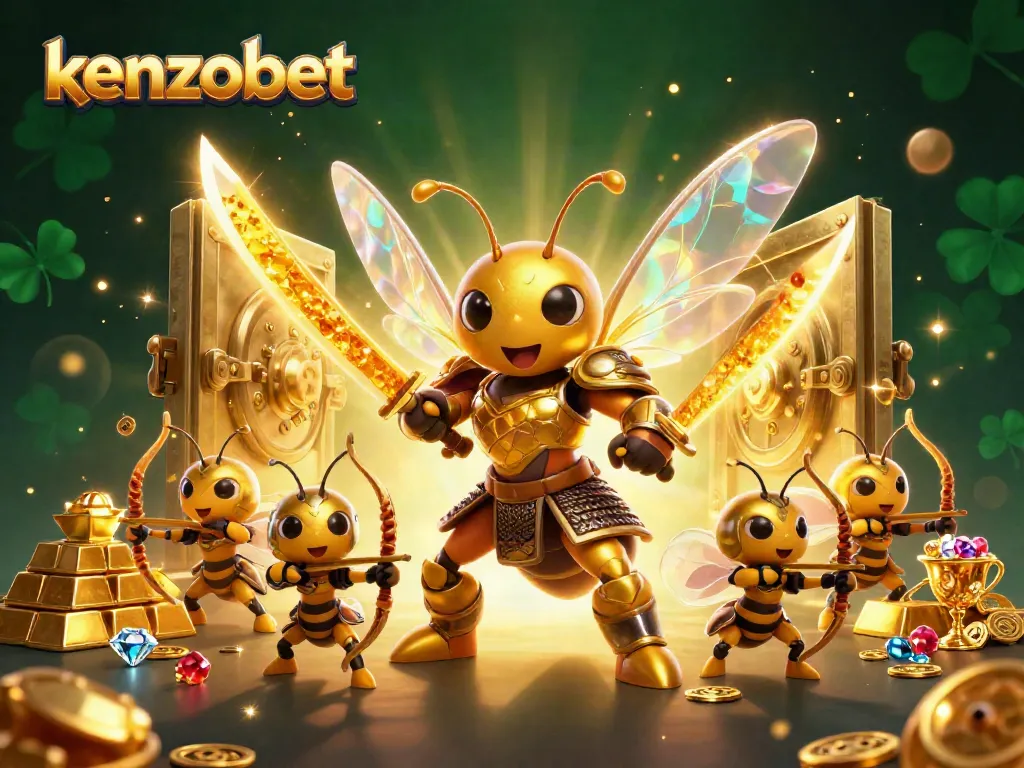 Engage with exciting kenzobet gaming action featuring a hornet warrior amidst treasures and vibrant casino elements.
