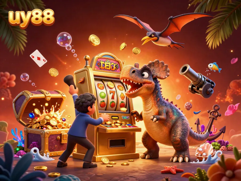 Experience excitement with uy88 as a cartoon dinosaur interacts with a jackpot-winning slot machine.