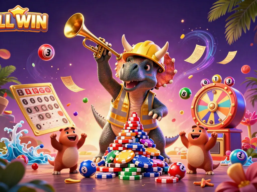 LL WIN brings exciting gaming to life with a triceratops building poker chip pyramids amid colorful lottery balls.