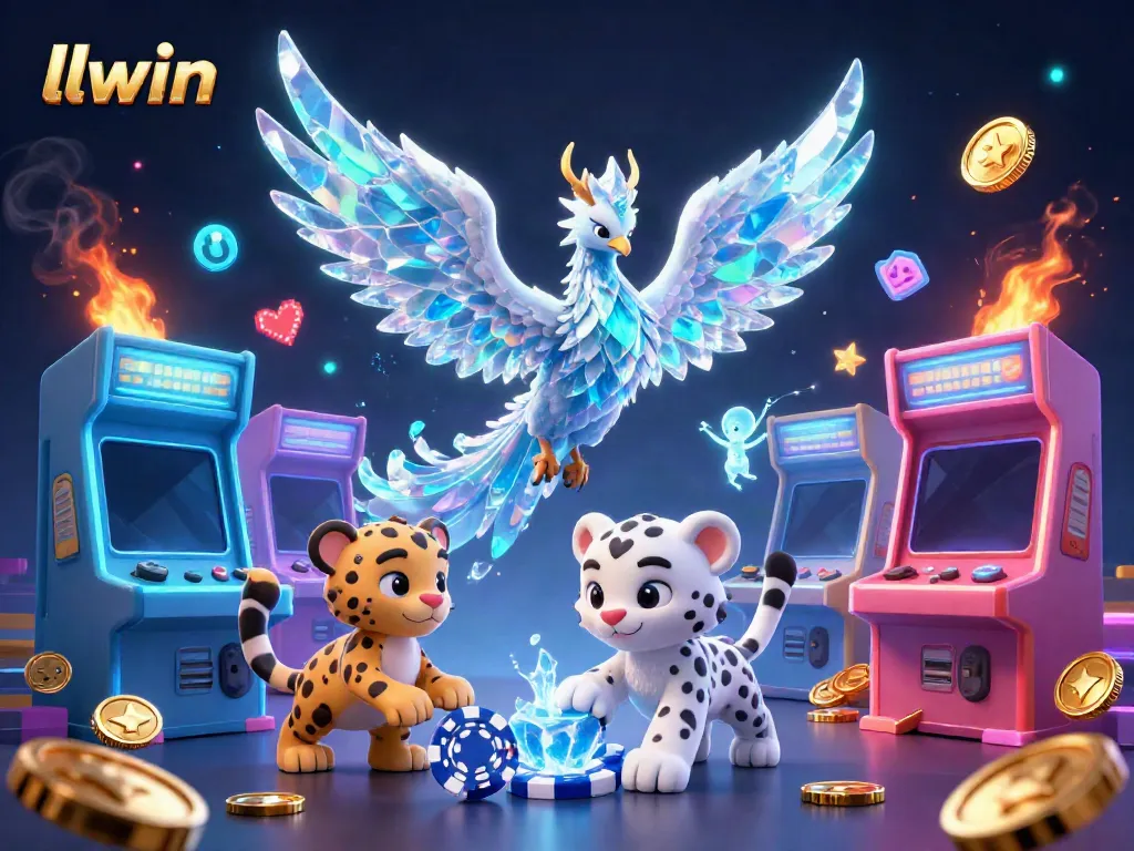 Engage with llwin's diverse online gaming experience, featuring a playful ice phoenix and vibrant gaming elements.
