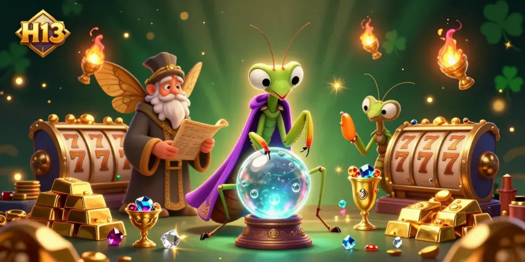 Engage with H13's vibrant casino world featuring slot reels, gold treasures, and mystical characters.