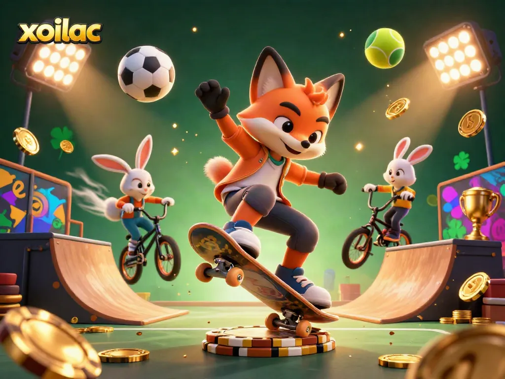 Experience the excitement with xoilac as a 3D cartoon fox and rabbit perform thrilling tricks in a vibrant casino scene.