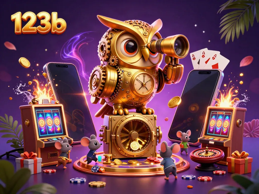 Engage with 123b's dynamic casino world featuring a golden owl and wind-up mice exploring slot games.