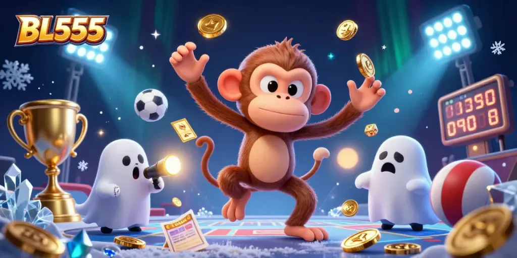 Experience thrilling gameplay with the BL555 poltergeist monkey juggling golden coins while a puppy tracks it in a haunted casino.