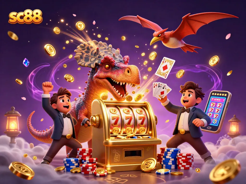 Experience sc88 excitement as an animated dinosaur interacts with a jackpot slot machine, capturing the thrill of winning.