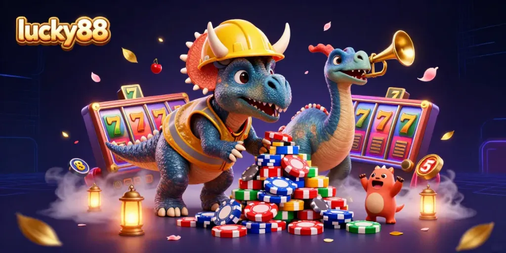 Play slots and win big with lucky88 at this vibrant casino scene featuring dynamic characters and elements.