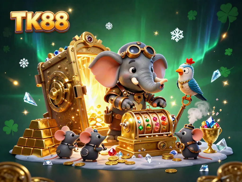 Engage in thrilling gaming at TK88 with this vibrant 3D scene featuring exciting casino elements and a whimsical character.