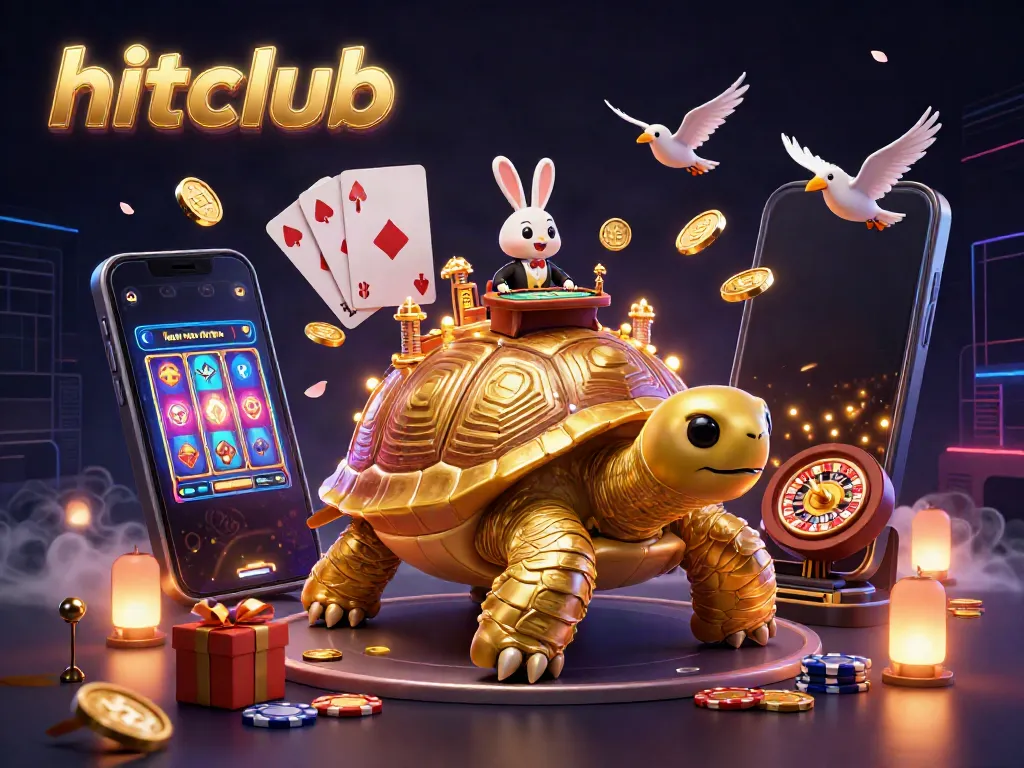 Experience excitement at hitclub with a golden tortoise casino scene featuring vibrant game elements.