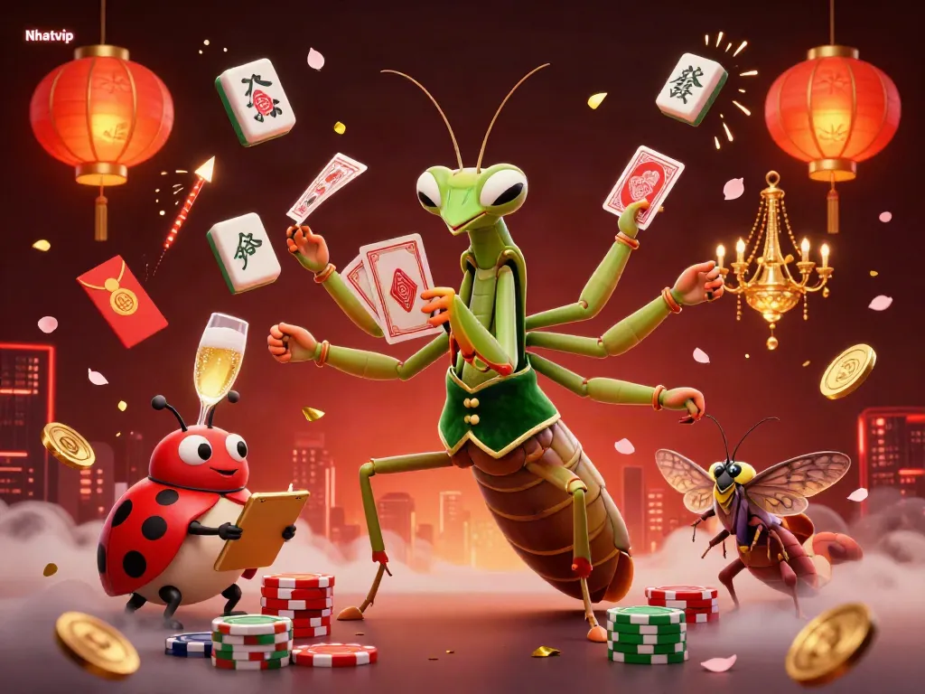 Nhatvip card game action with vibrant characters and festive elements in a rich casino illustration.