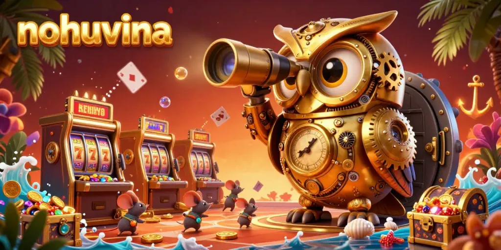 Nohuvina's exciting jackpot scene showcases a clockwork owl atop a vault amidst slot machines.