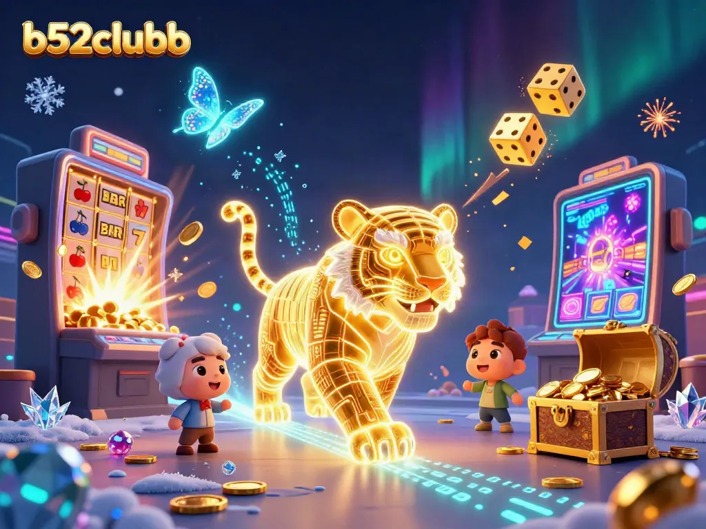 Play thrilling games at b52clubb with a vibrant 3D tiger amidst dazzling casino elements.
