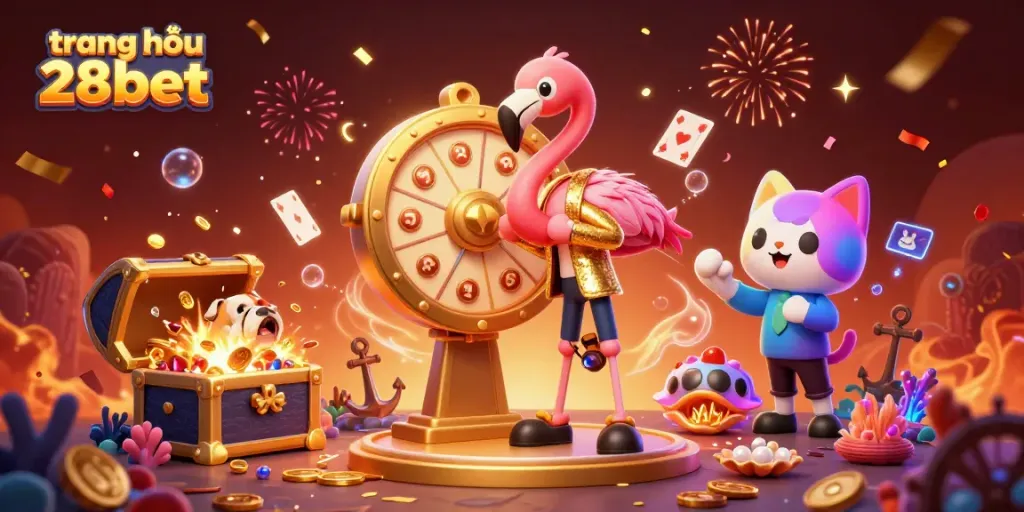 Spin the giant prize wheel with vibrant casino elements on the trang chủ 28bet website.