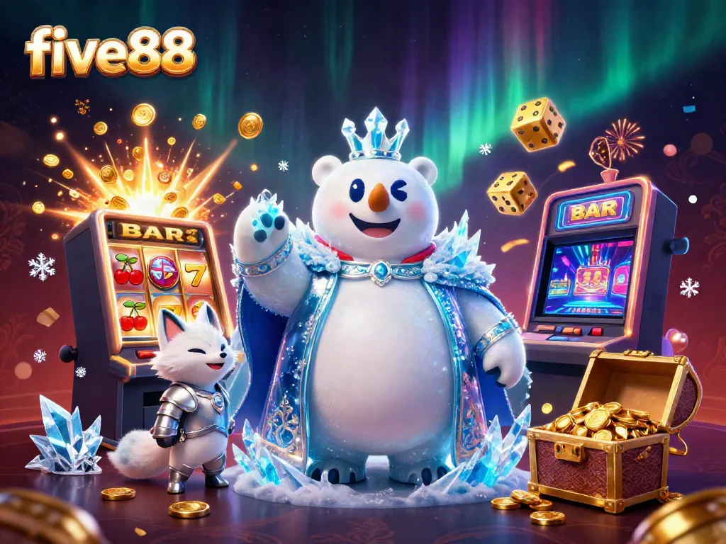 Experience the excitement of five88 with a vibrant 3D casino scene featuring a polar bear king and gold jackpots.