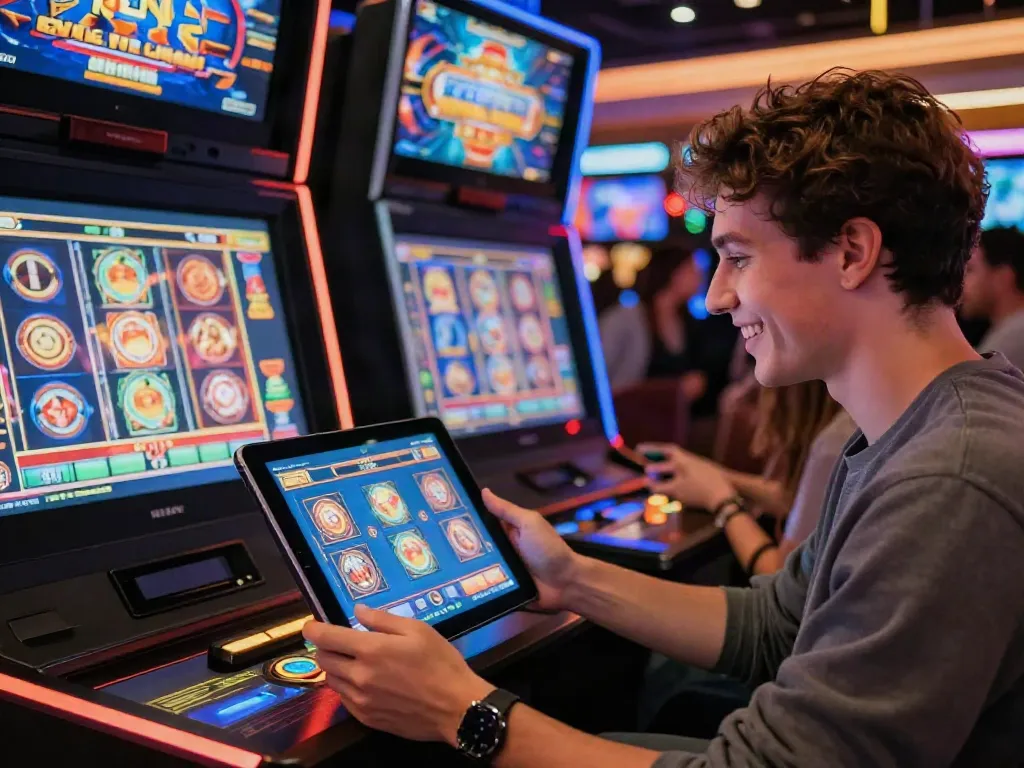 Player engaging with an exciting digital slot game on a tablet in a vibrant online casino setting