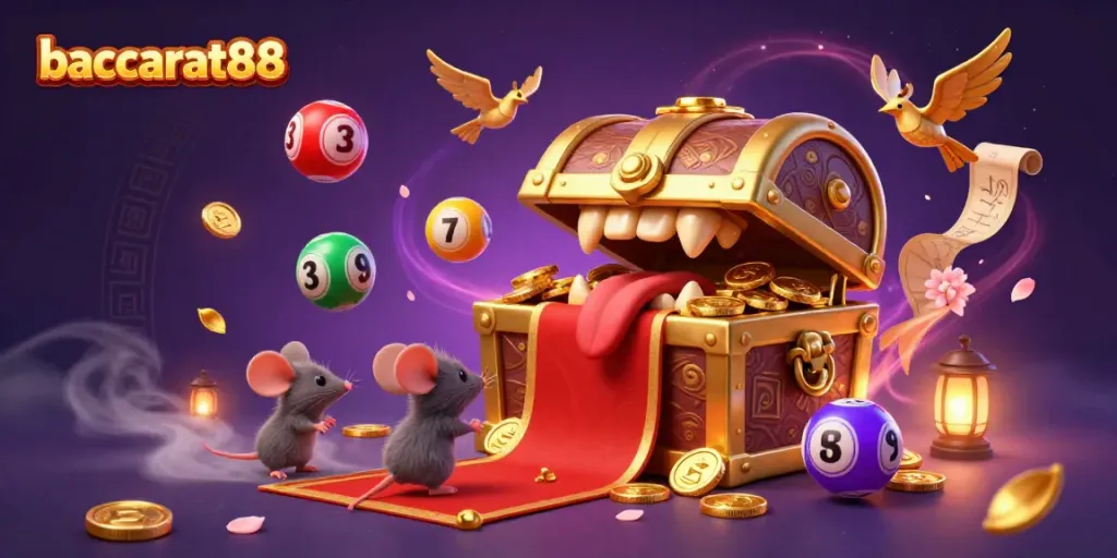 baccarat88 players engaging with a dynamic casino scene showcasing vibrant lottery elements and a treasure chest.