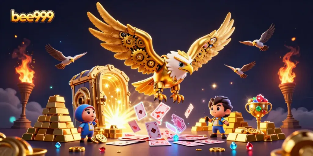 Experience the thrill of bee999 with a golden eagle diving amid holographic cards and treasure.
